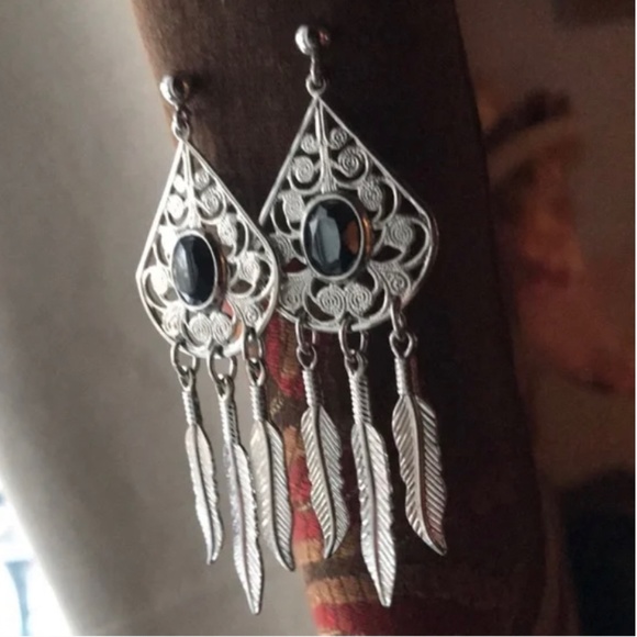 Dangle Silver Open Work Gemstone Feather Earrings Filagree - Picture 1 of 7